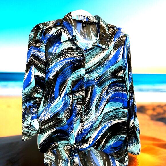 sheer tropical Women’s Blouse sea blue ocean vacation long Sleeve resort wear L - Picture 2 of 8